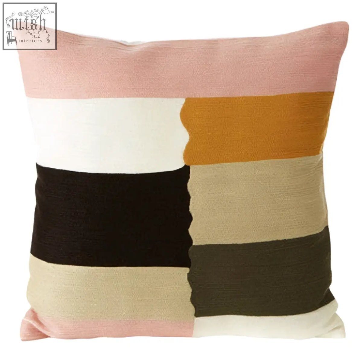 Bosie ozella patch design cushion with a modern patch design featuring soft pink cream mustard yellow black and olive stripes