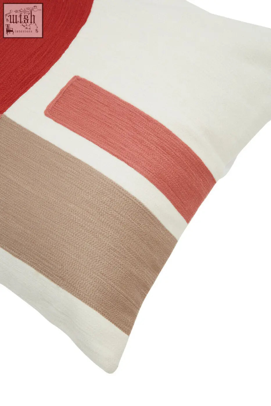 Bosie ozella red and white tonal cushion with bold red coral pink and beige stripes on off-white background