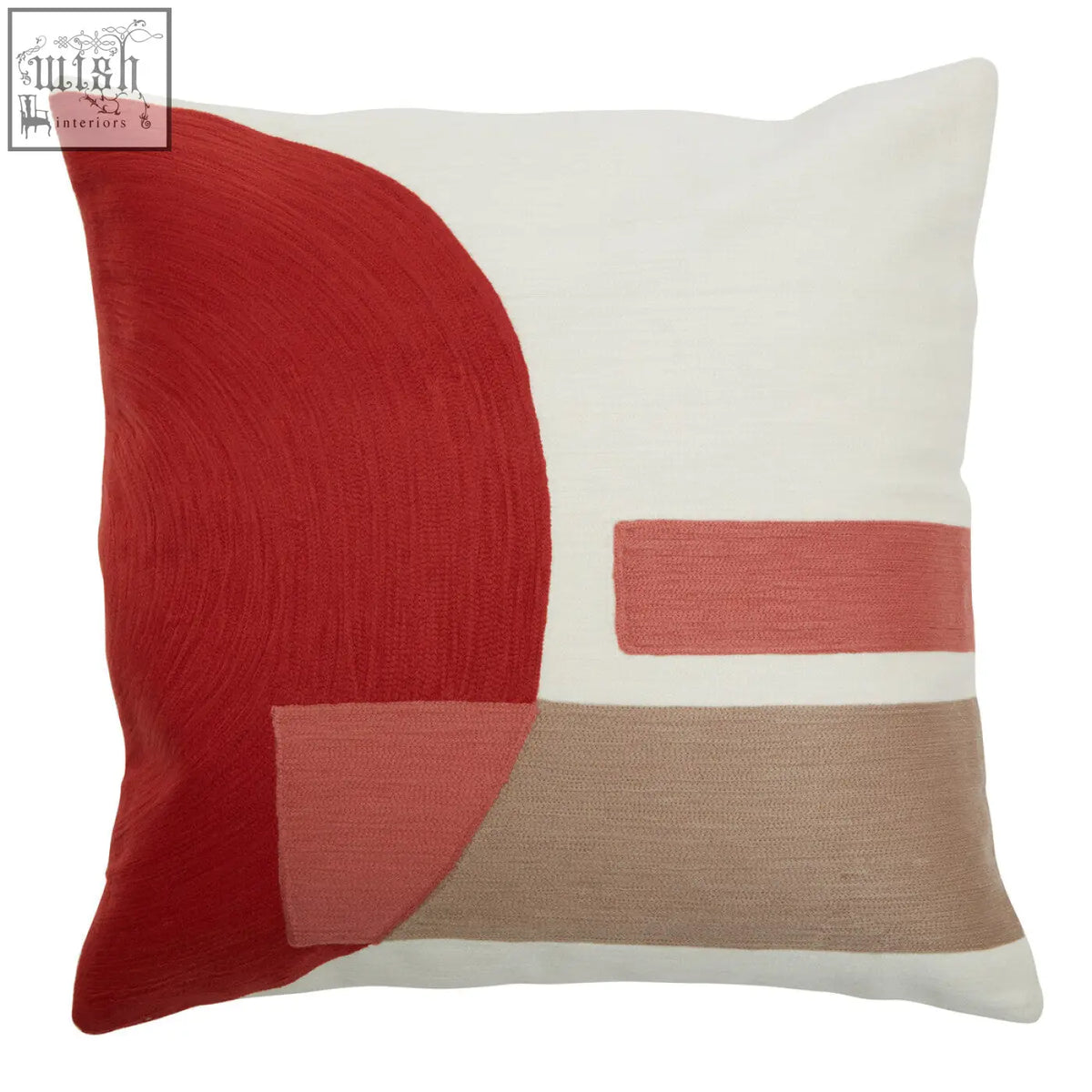 Bosie ozella red and white tonal cushion with bold red coral and beige geometric shapes on a white tonal cushion