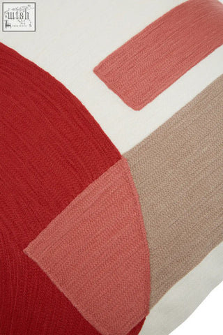 Bosie ozella red and white tonal cushion with bold geometric shapes in rich red pink and beige on a white tonal background
