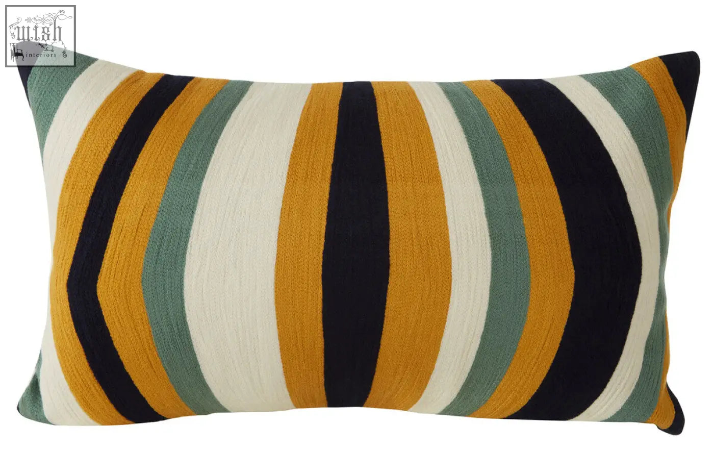 Rectangular bosie ozella stripes design cushion with bold diagonal stripes in mustard yellow navy blue teal green and off-white