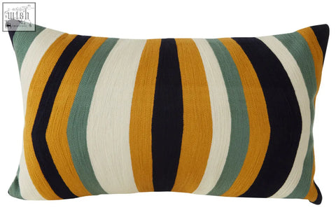Rectangular bosie ozella stripes design cushion with bold diagonal stripes in mustard yellow navy blue teal green and off-white