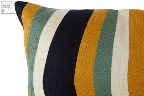 Bosie Ozella stripes design cushion with bold vertical stripes in navy blue mustard yellow teal green and off-white