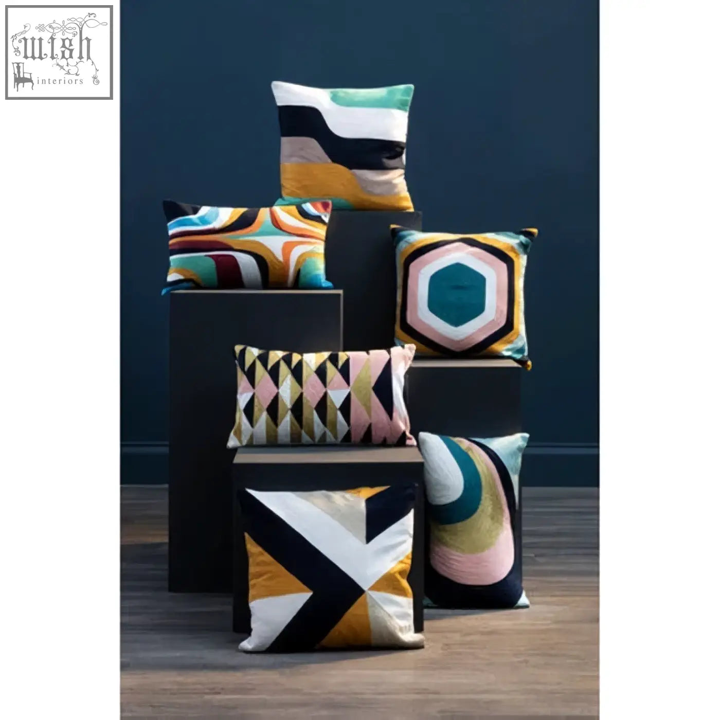 A collection of bosie ozella wavy stripes cushions with colorful geometric patterns in bold modern designs