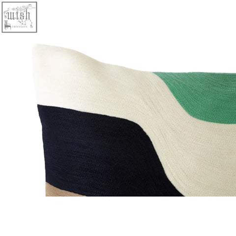 Bosie ozella wavy stripes cushion with cream navy blue and green abstract stripes and textured fabric finish