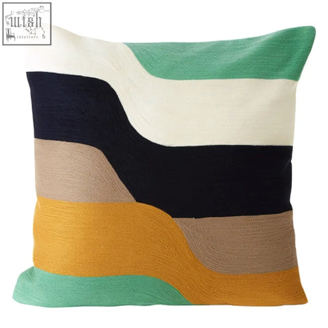 Bosie Ozella wavy stripes cushion with textured cream navy beige mustard and mint horizontal stripes throw pillow