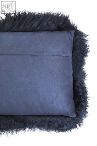 Dark blue suede cushion with thick shaggy mongolian fur black trim from bosie real mongolian collection