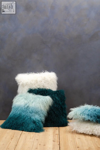 Fluffy bosie real mongolian fur blue ombre square cushion with white and teal gradient sheepskin throw pillows