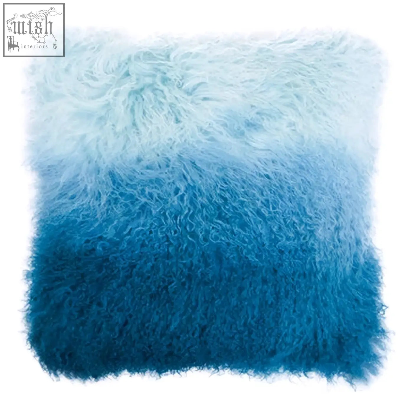 A bosie real mongolian fur blue ombre square cushion made of fluffy curly sheepskin in soft pastel blue to teal