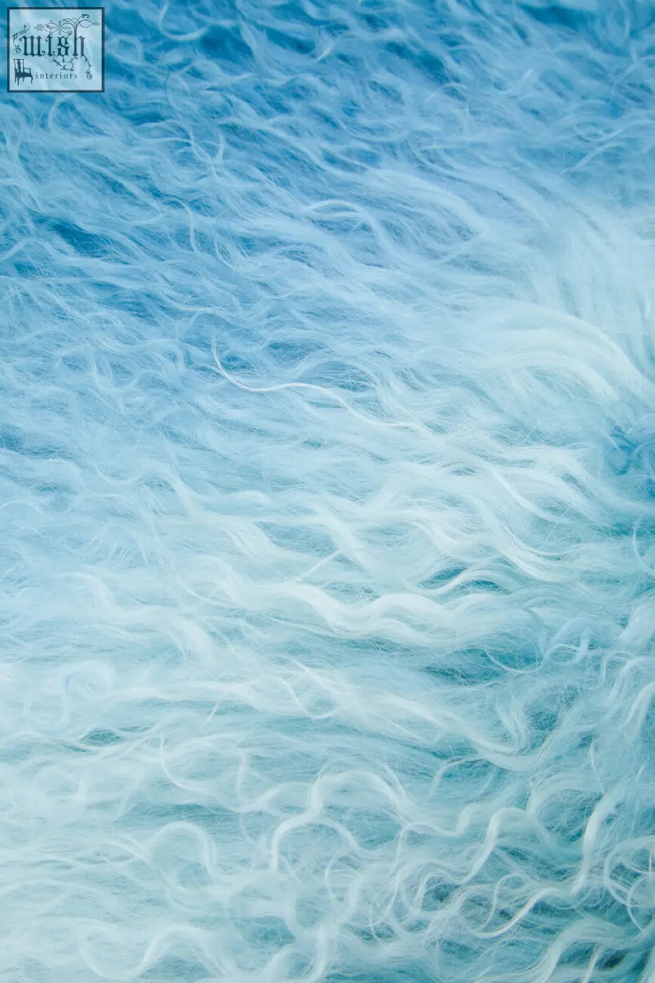 Bosie real mongolian fur blue ombre square cushion with soft flowing blue and white wool fibers in natural gradient