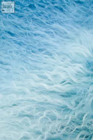 Bosie real mongolian fur blue ombre square cushion with soft flowing blue and white wool fibers in natural gradient