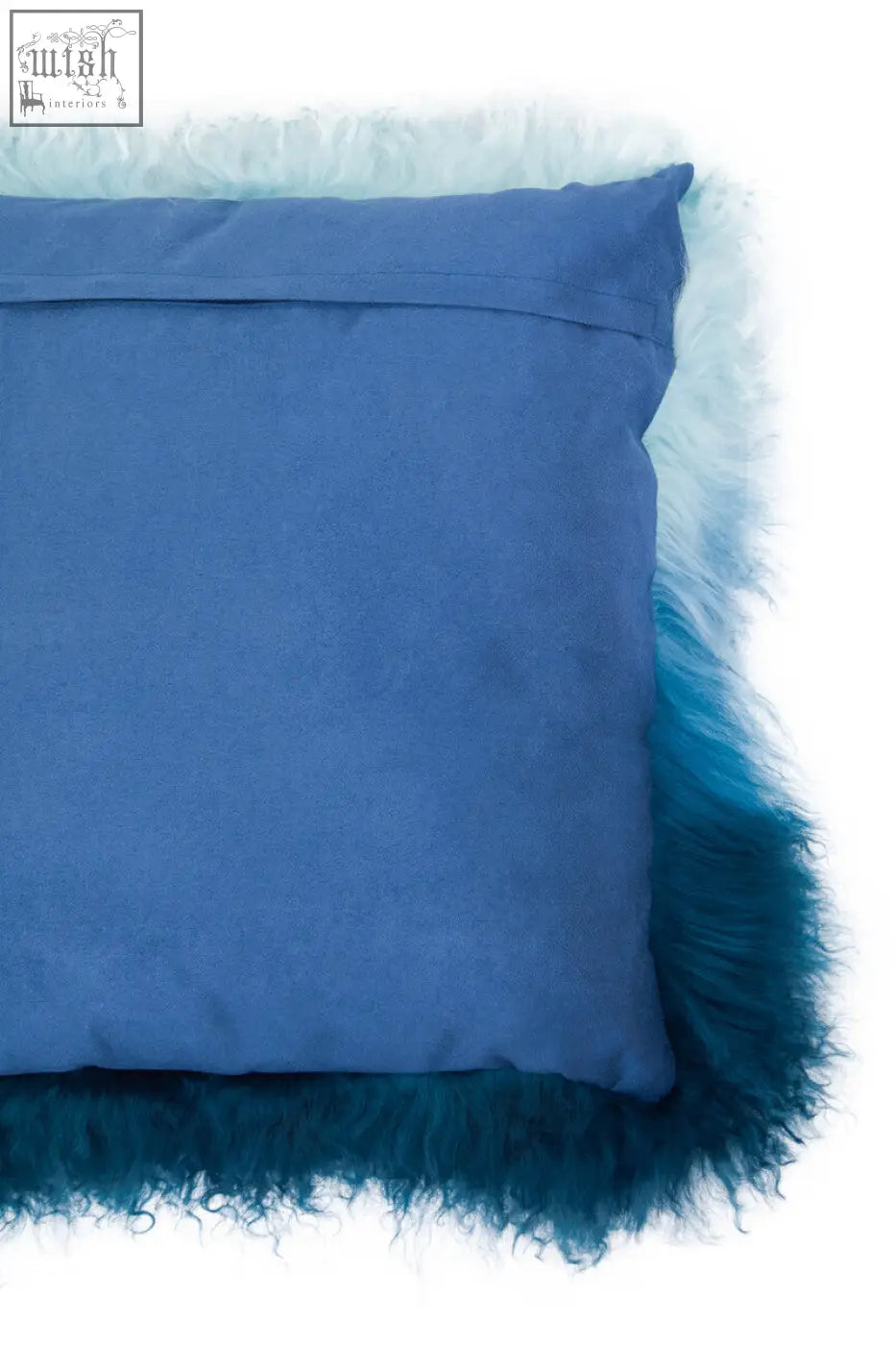 Blue ombre square cushion with fluffy real mongolian fur blue ombre trim for cozy stylish decor