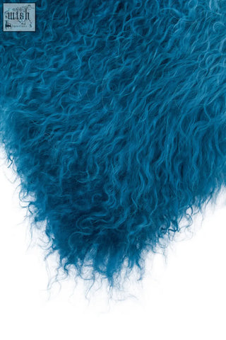 Bosie real mongolian fur blue ombre square cushion with vibrant teal curly ultra soft fur blue ombre texture