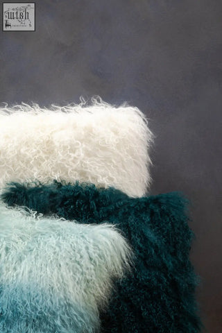 Bosie real mongolian fur blue ombre square cushion with white teal and dark green curly fur blue ombre texture