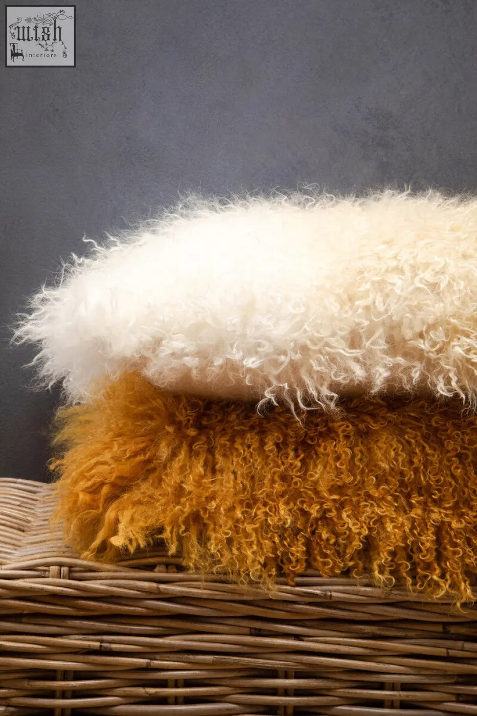 Bosie real mongolian lamb fur rectangular cushion in cream and mustard yellow with soft curly texture
