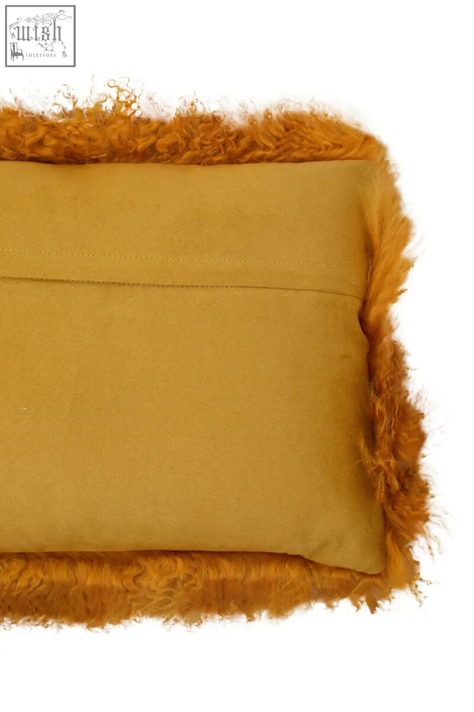 Bosie real mongolian lamb fur ochre rectangular cushion with mustard yellow plush curly fur trim edges