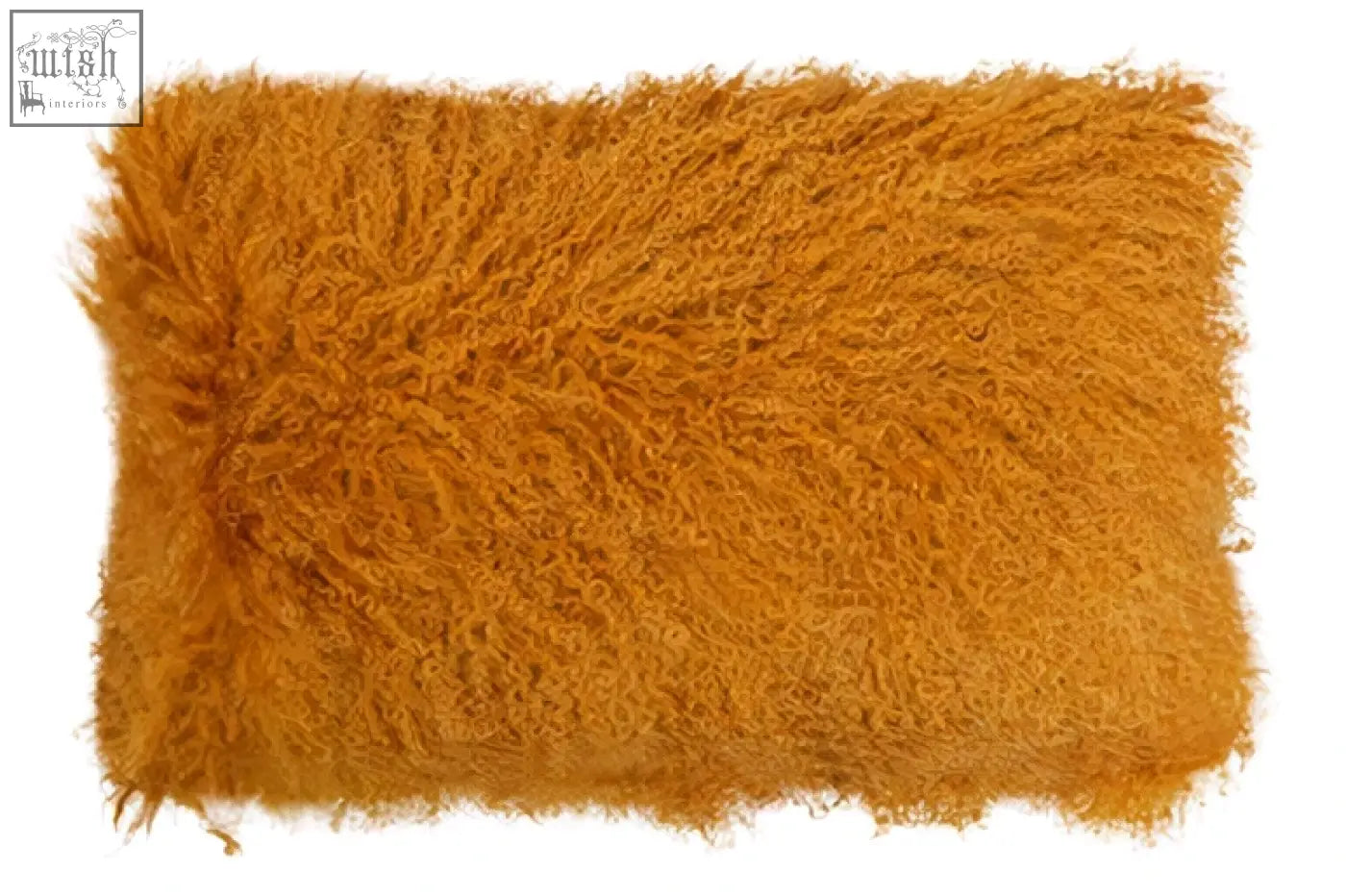 Bosie real mongolian lamb fur rectangular cushion with plush golden orange shaggy faux fur and frayed edges