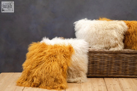 Bosie real mongolian lamb fur square cushion with fluffy shaggy throw pillows in mustard yellow and creamy off-white tones