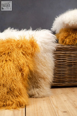 Bosie real mongolian fur ochre square cushion in golden and white plush curly mongolian lamb fur poufs