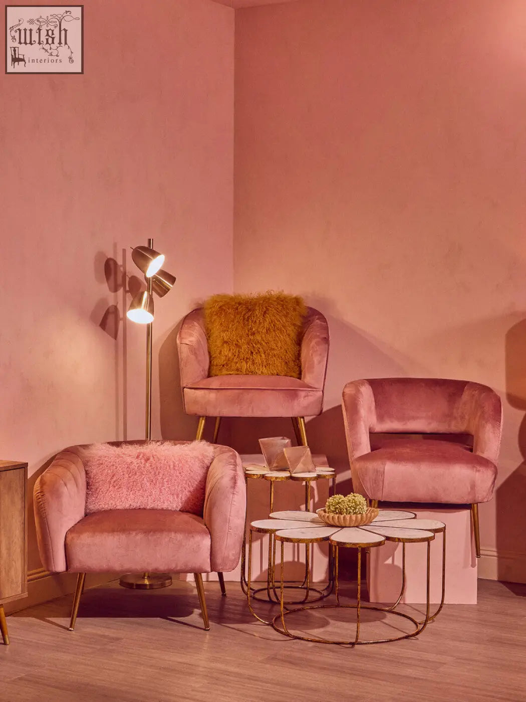 Pink velvet armchairs with gold-tone legs and bosie real mongolian lamb fur ochre square cushion pillows