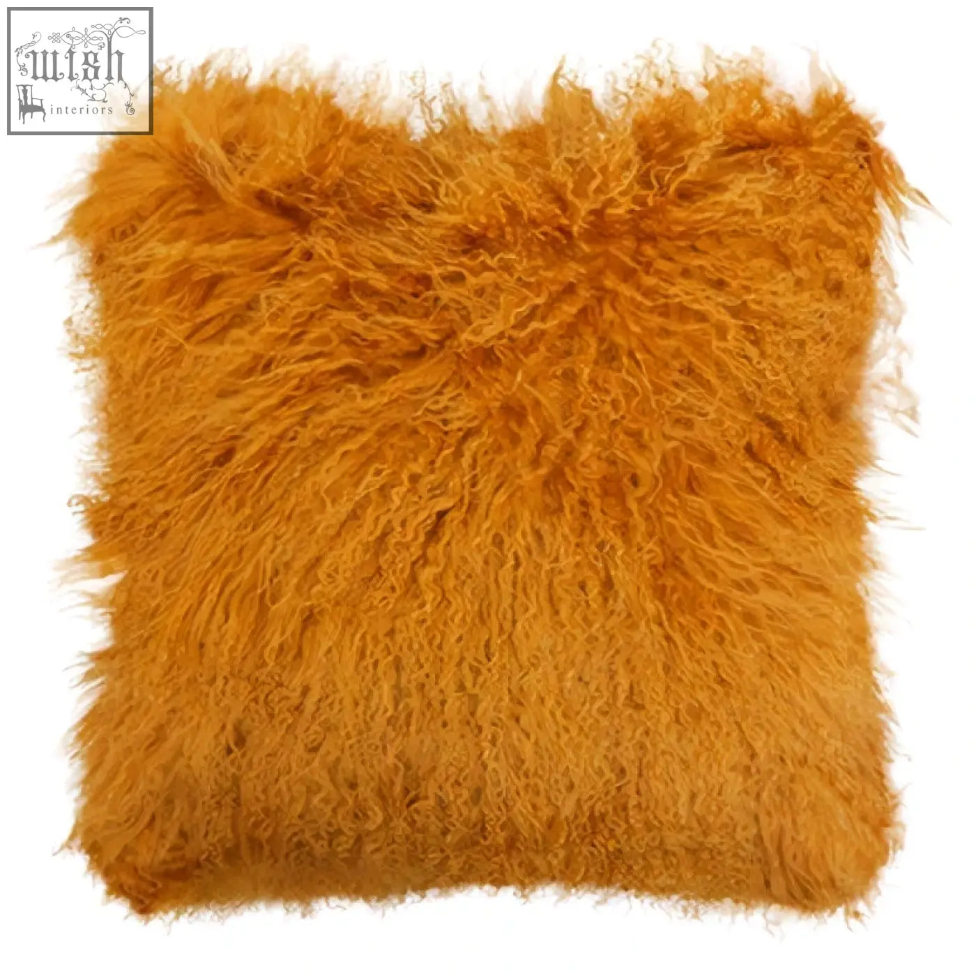 A bosie real mongolian lamb fur ochre square cushion with shaggy, fluffy, vibrant orange lamb fur texture