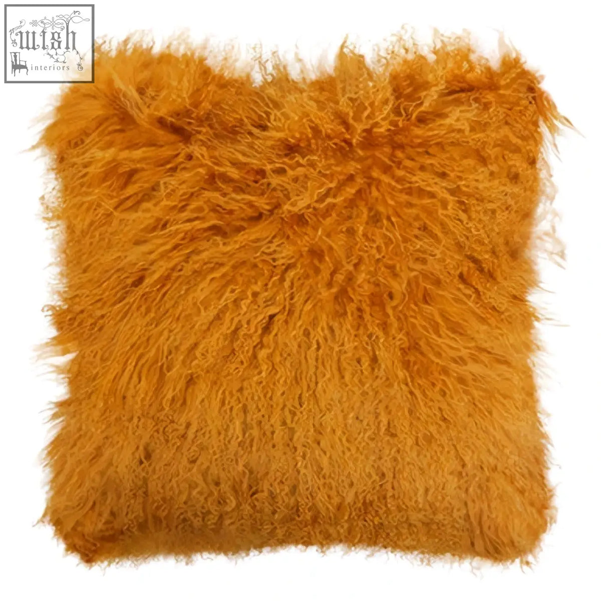 A bosie real mongolian lamb fur ochre square cushion with shaggy, fluffy, vibrant orange lamb fur texture