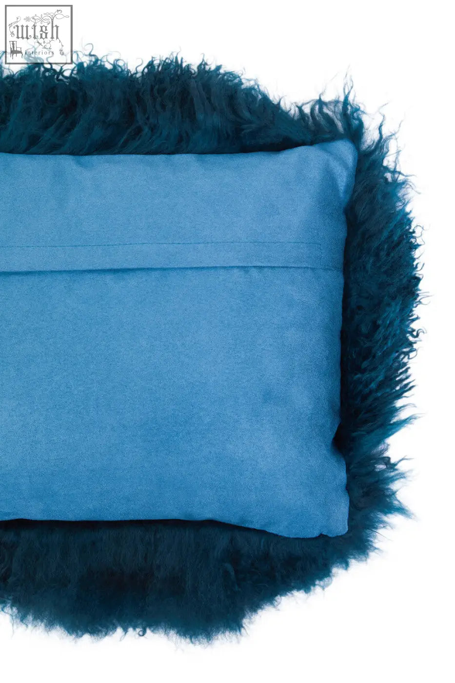Blue velvet rectangular cushion with dark teal curly mongolian lamb fur trim from bosie real mongolian fur collection