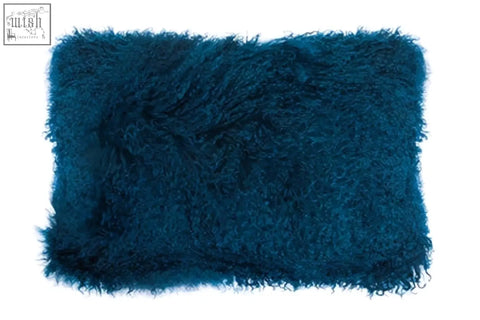 Deep teal fluffy sheepskin pillow made of mongolian lamb fur with soft shaggy texture bosie rectangular cushion