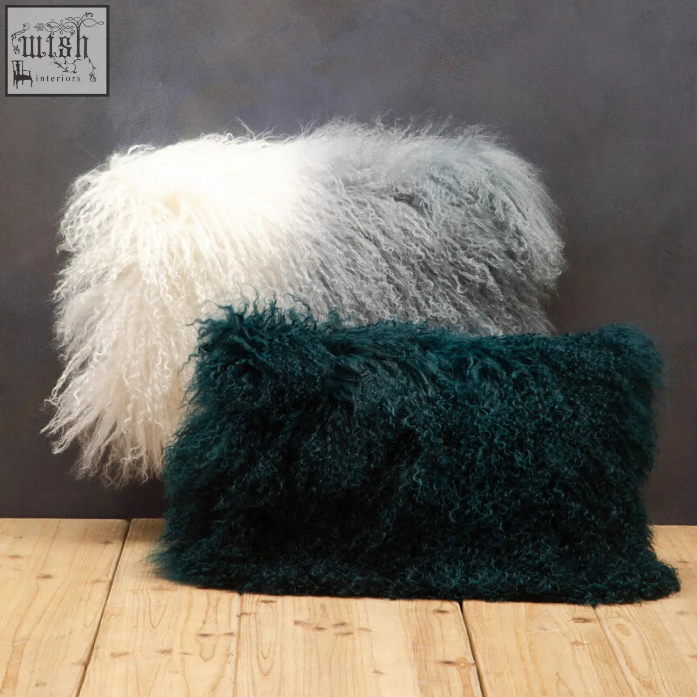 Plush bosie rectangular cushion with teal and white real mongolian lamb fur long curly texture
