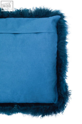 Blue velvet bosie real mongolian fur teal cushion with curly lamb fur trim for cozy home decor