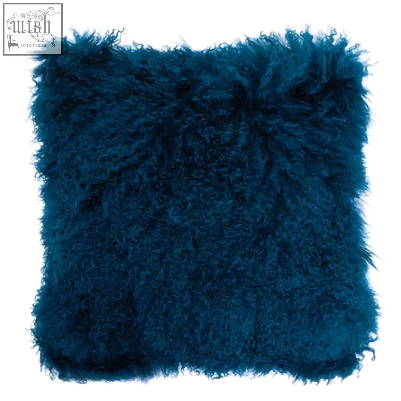 Deep teal fluffy bosie real mongolian fur square cushion with soft curly lamb fur texture perfect for cozy decor