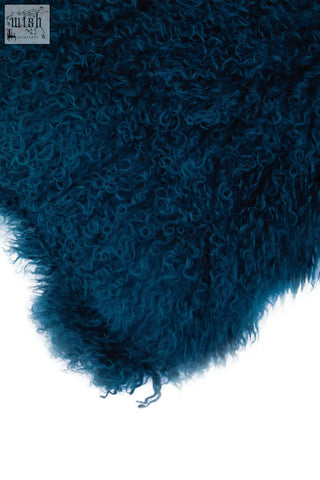 Deep teal bosie real mongolian fur square cushion with ultra soft curly lamb fur for cozy style and comfort