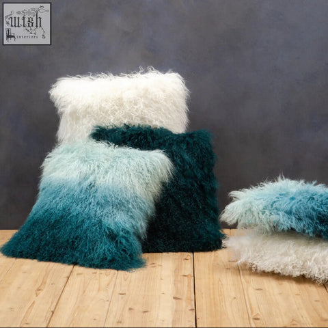 Fluffy bosie real mongolian fur teal square cushion with gradient lamb fur in shades of teal and white