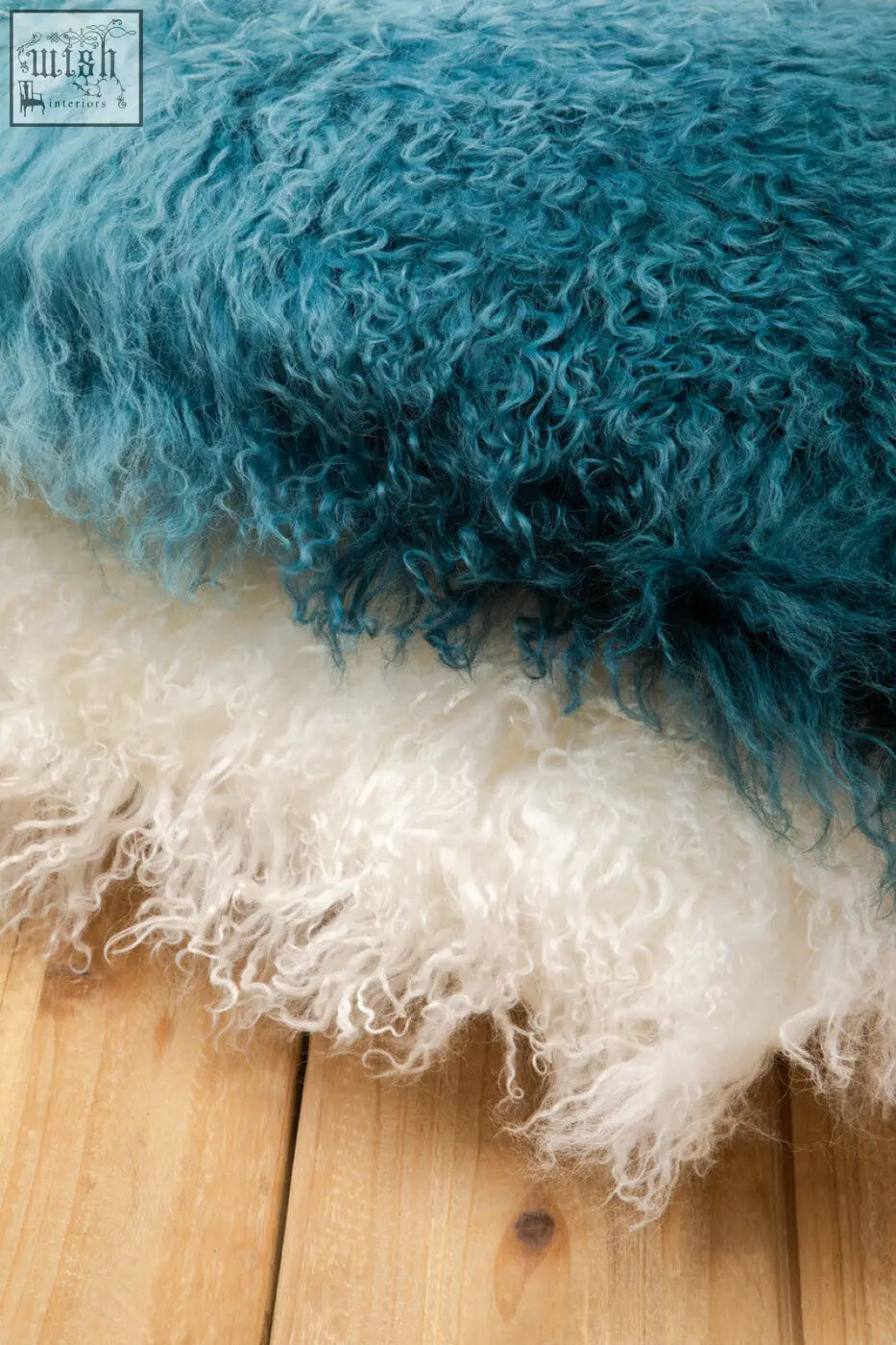 Teal and white curly lamb fur throw pillows from bosie real mongolian fur square cushion collection