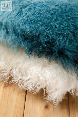 Teal and white curly lamb fur throw pillows from bosie real mongolian fur square cushion collection