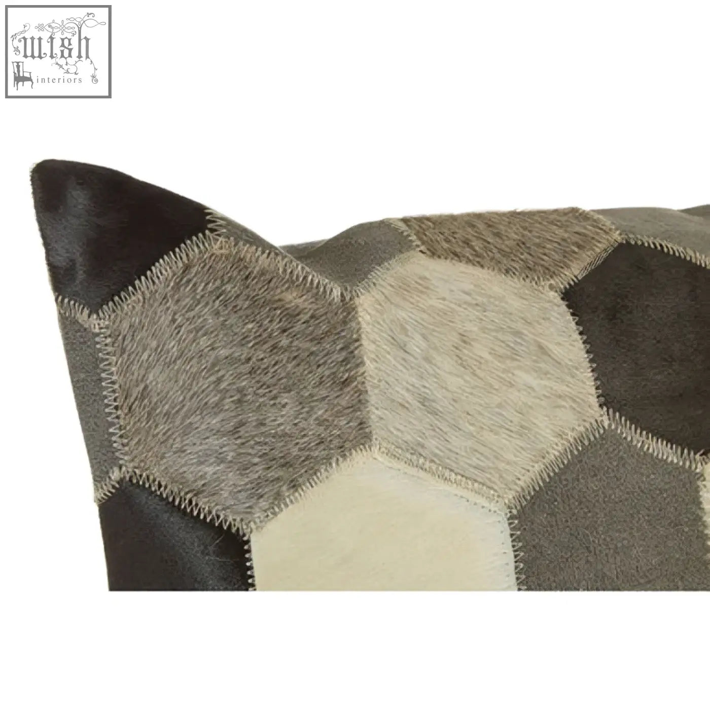 Hexagonal patchwork cushion cover made of brown beige cowhide with a grey cushion cover touch by bosie safira