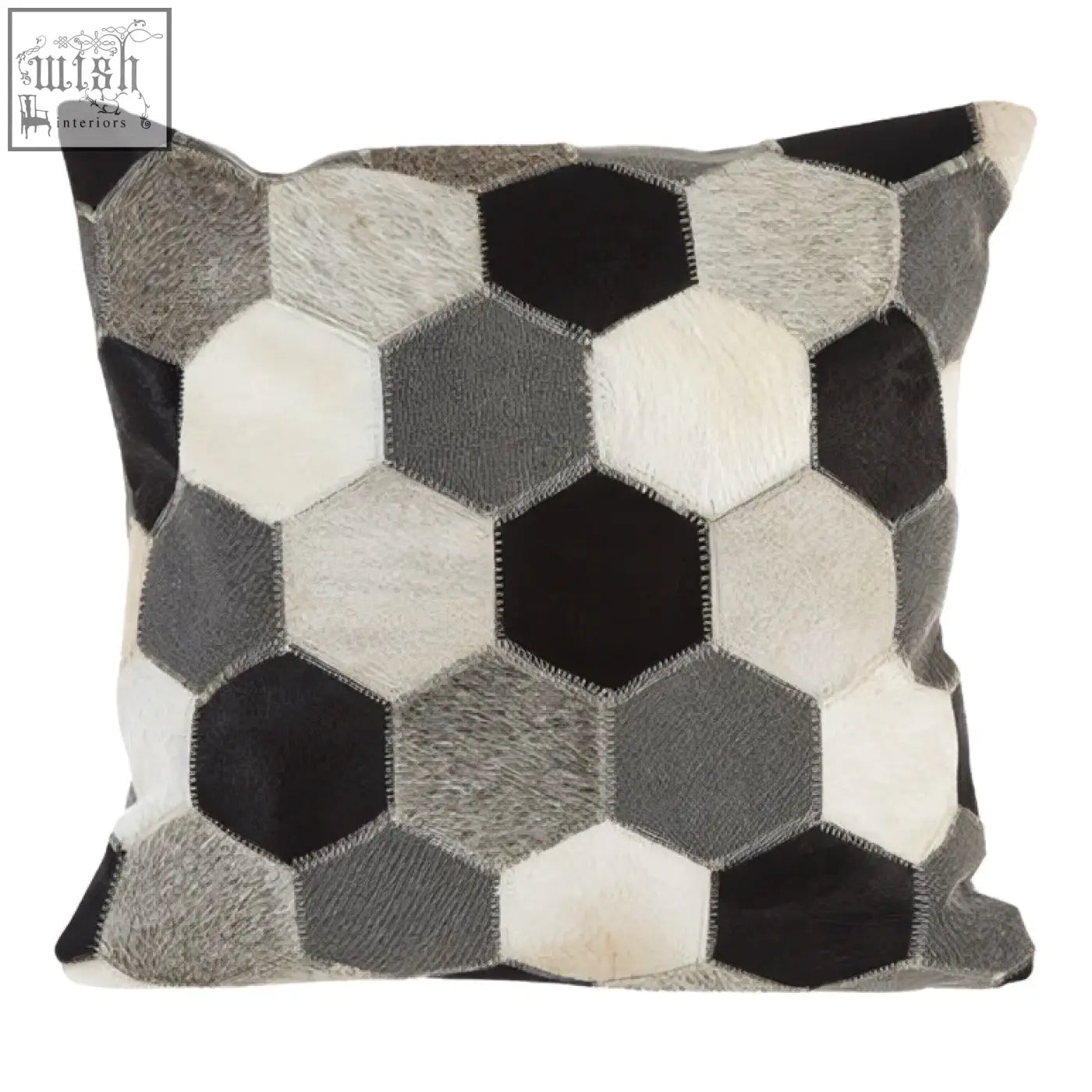 Bosie safira cushion cover with hexagonal patchwork in black white and grey cowhide perfect grey cushion cover
