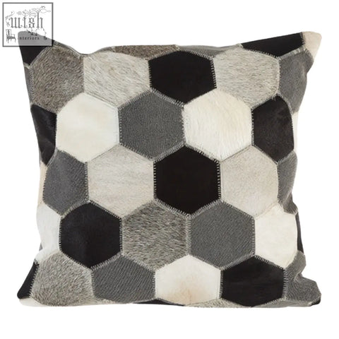 Bosie safira cushion cover with hexagonal patchwork in black white and grey cowhide perfect grey cushion cover