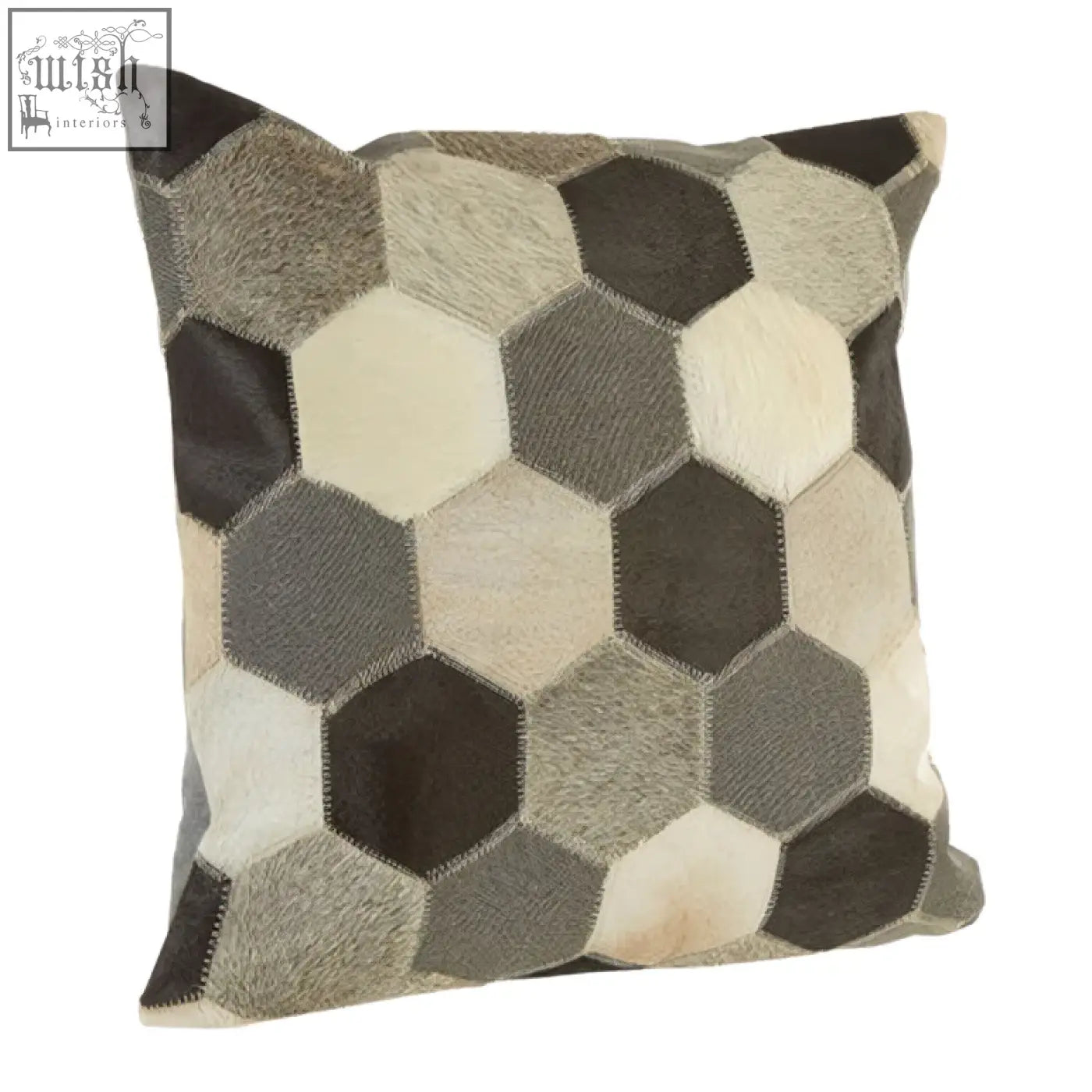 Hexagonal-patterned bosie safira cushion cover made of patchwork cowhide in black white and grey perfect grey cushion cover