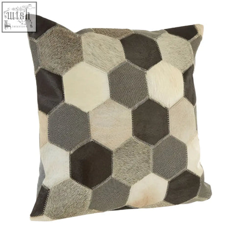 Hexagonal-patterned bosie safira cushion cover made of patchwork cowhide in black white and grey perfect grey cushion cover
