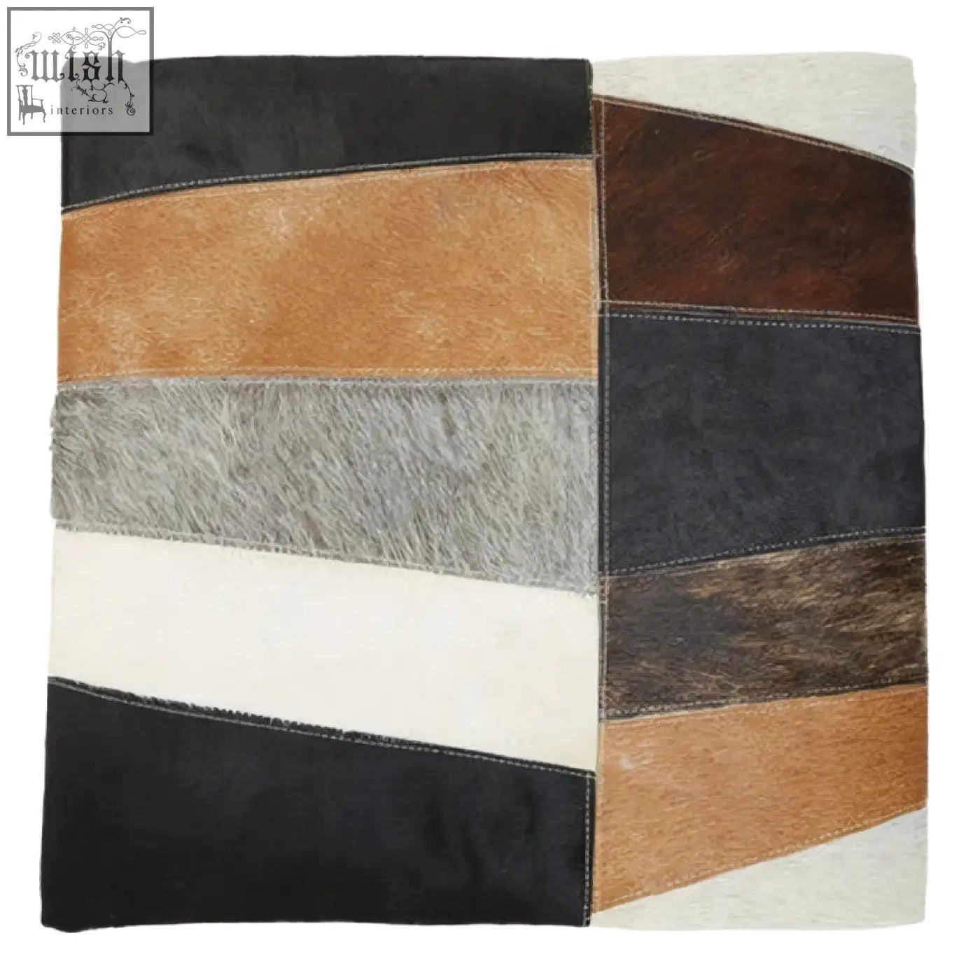 Bosie safira neutral colourblock hair on leather patchwork cushion with black tan gray and white horizontal strips