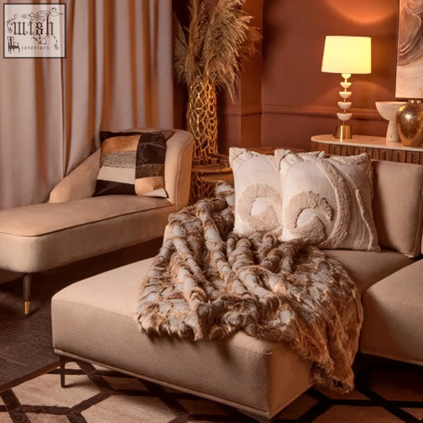 Beige sectional sofa with bosie safira neutral colourblock leather patchwork cushion and plush faux fur blanket