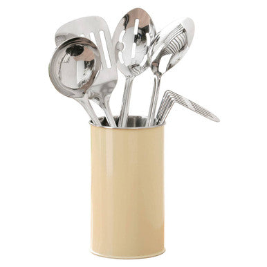 Cream-colored bosna 5 piece kitchen utensils set with shiny stainless steel tools in a cylindrical holder
