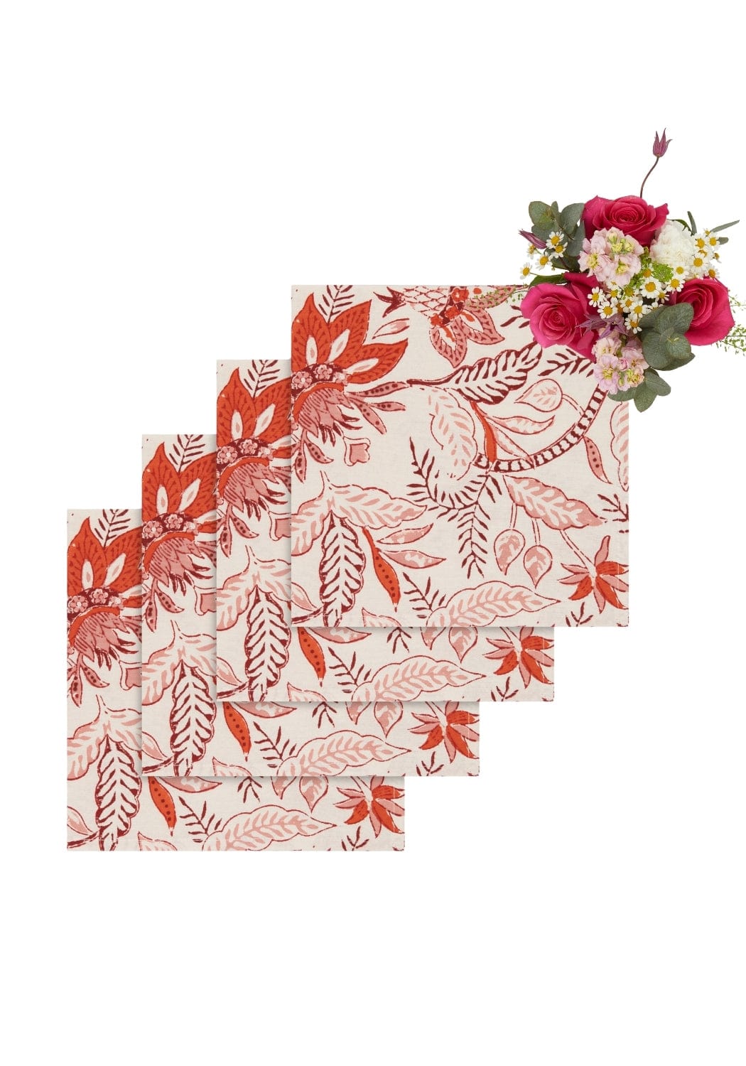 Set of four cream bossa nova table napkins with vibrant red and pink botanical leafy print perfect for dining use