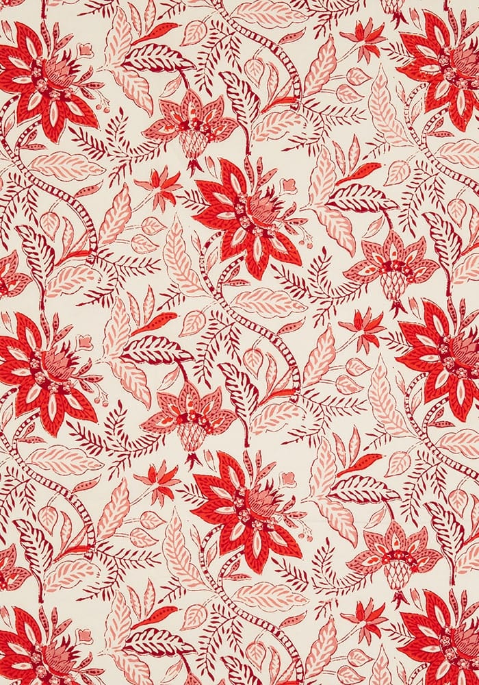 Bossa nova tablecloth in red with beige floral botanical patterns perfect for stylish dining setups