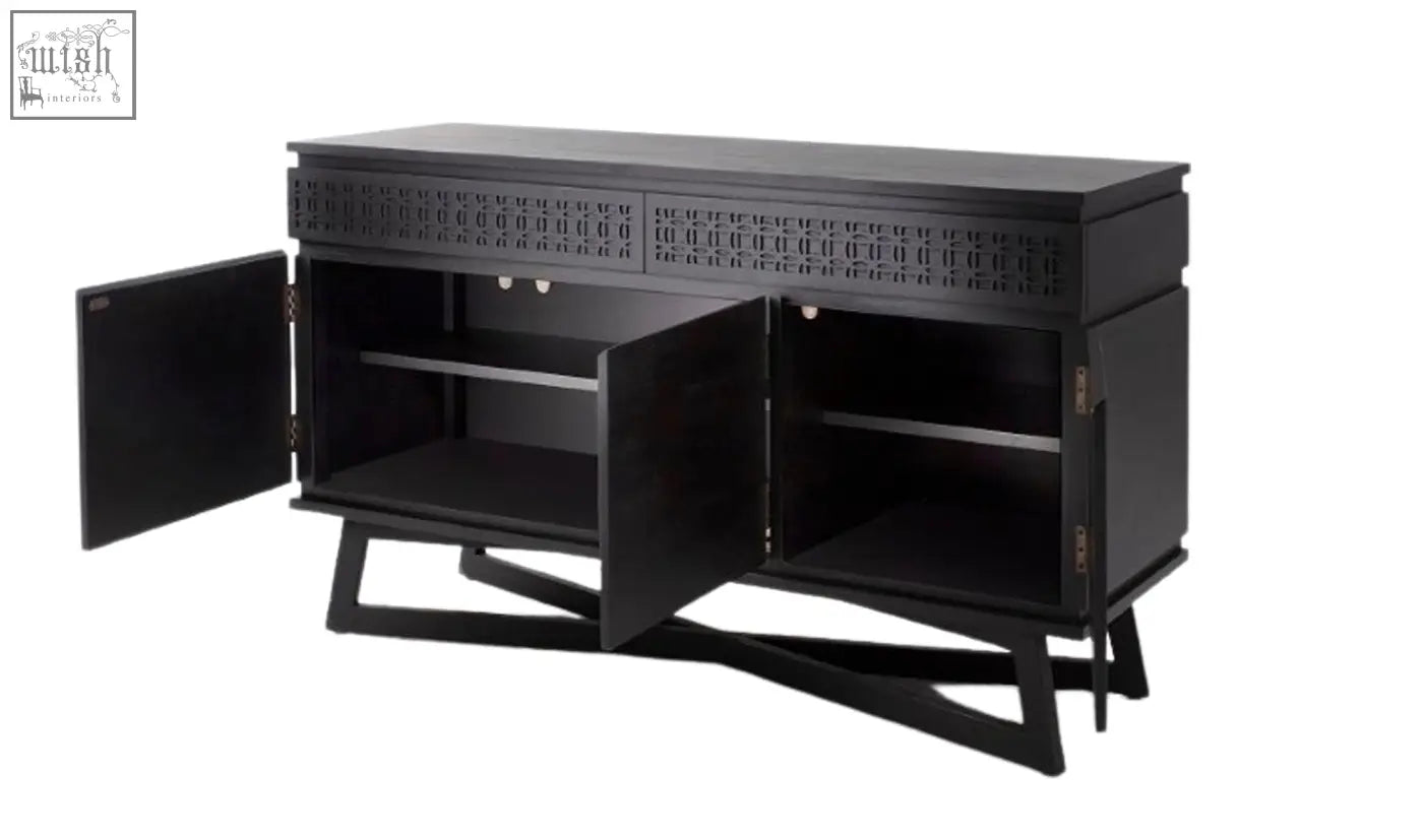 Black lacquered bossa sideboard with geometric drawers and angled legs featuring mixed timber veneers