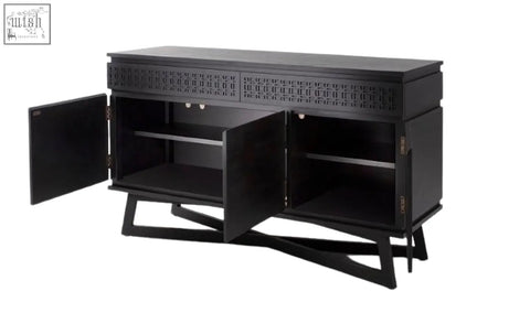 Black lacquered bossa sideboard with geometric drawers and angled legs featuring mixed timber veneers