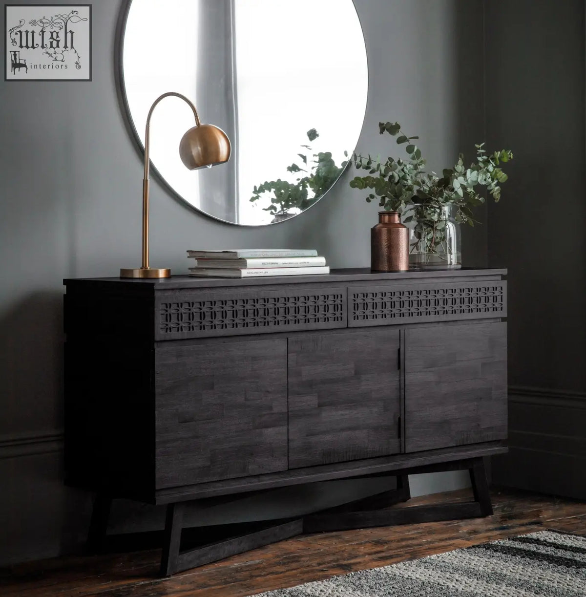 Bossa sideboard 3 door 2 drawer in dark gray with mixed timber veneers geometric front and angled legs