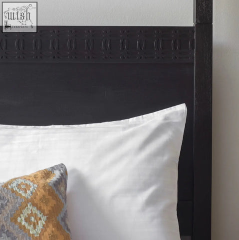 Dark metal headboard with embossed pattern on matt black charcoal bossa super king 4 poster bed frame