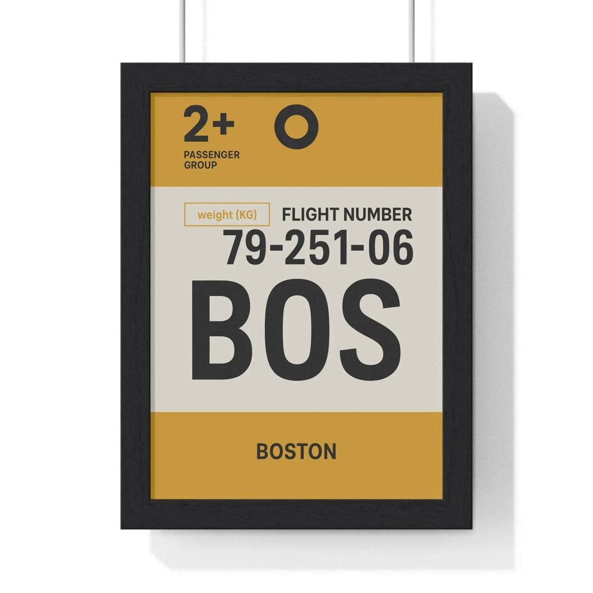 Black-framed boston boarding pass poster with bold black text on cream and mustard-yellow background minimalist print